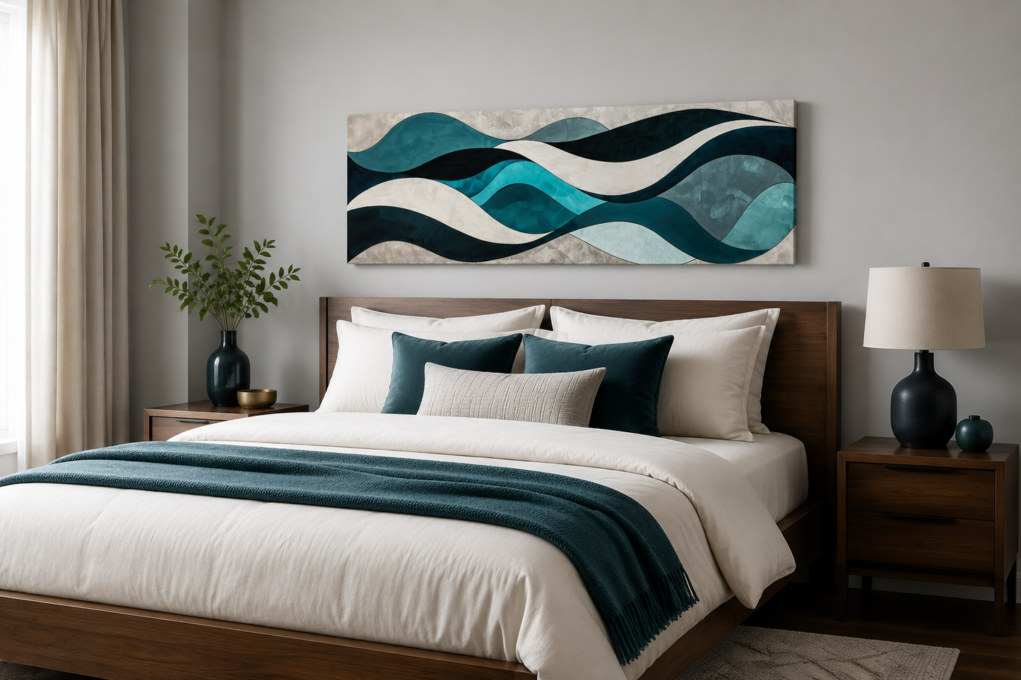 Teal Blue Grey Abstract Waves Above Bed Long Horizontal Wall Art