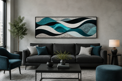 Teal Blue Grey Abstract Waves Above Bed Long Horizontal Wall Art