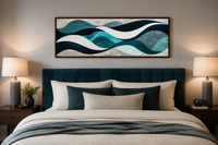 Teal Blue Grey Abstract Waves Above Bed Long Horizontal Wall Art