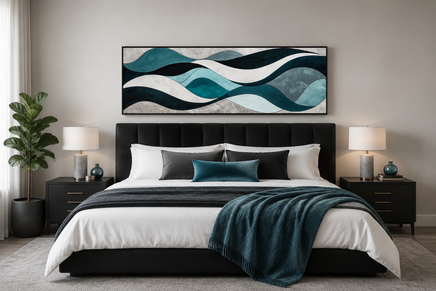 Teal Blue Grey Abstract Waves Above Bed Long Horizontal Wall Art