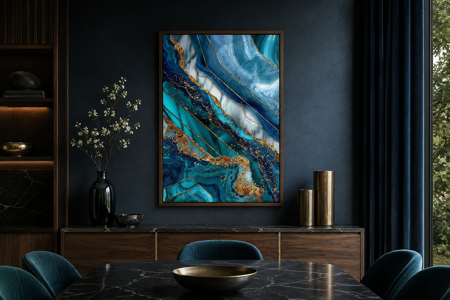 Teal Gold Abstract Marble Living Room Framed Canvas Wall Art