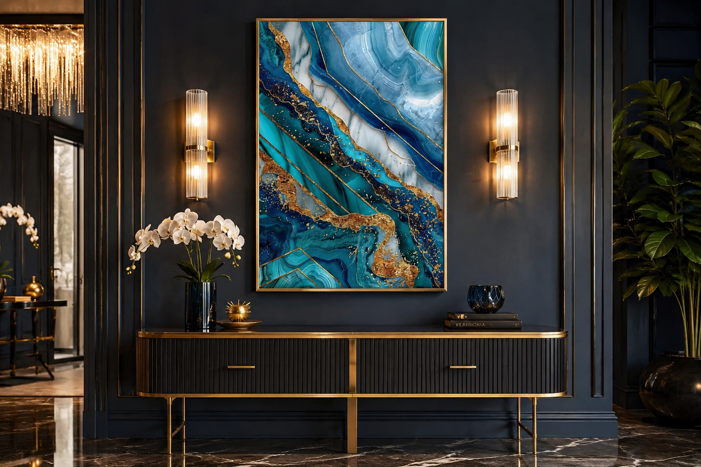 Teal Gold Abstract Marble Living Room Framed Canvas Wall Art