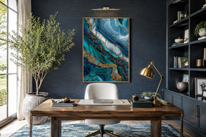 Teal Gold Abstract Marble Living Room Framed Canvas Wall Art