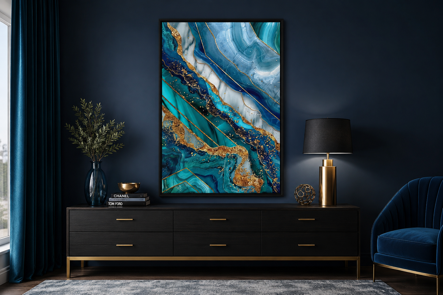 Teal Gold Abstract Marble Living Room Framed Canvas Wall Art