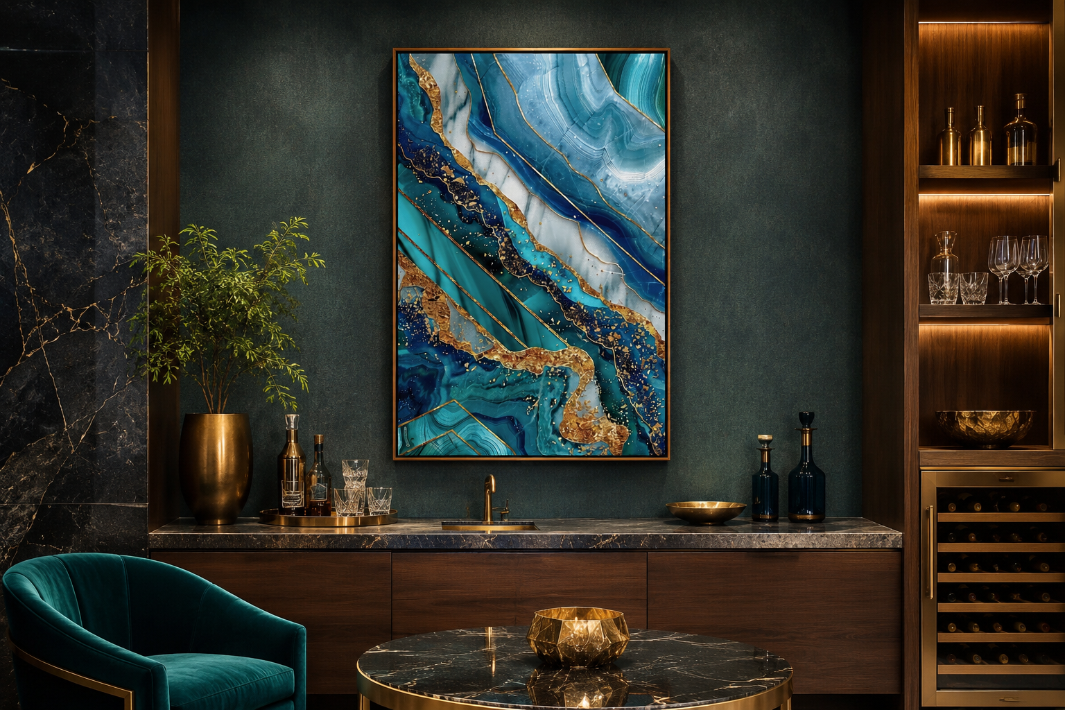 Teal Gold Abstract Marble Living Room Framed Canvas Wall Art