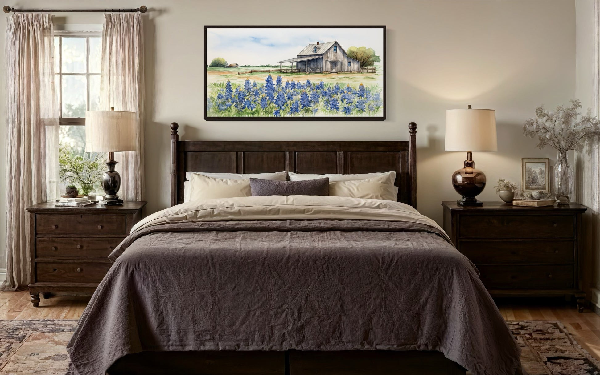Texas Barn Wall Art – Rustic Farmhouse Decor With Bluebonnet Field Print Canvas