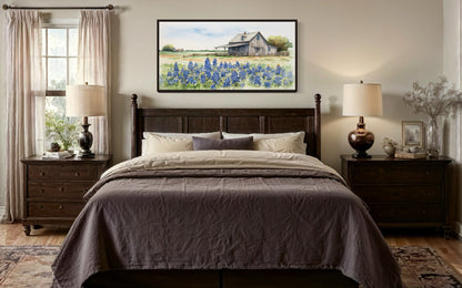 Texas Barn Wall Art – Rustic Farmhouse Decor With Bluebonnet Field Print Canvas