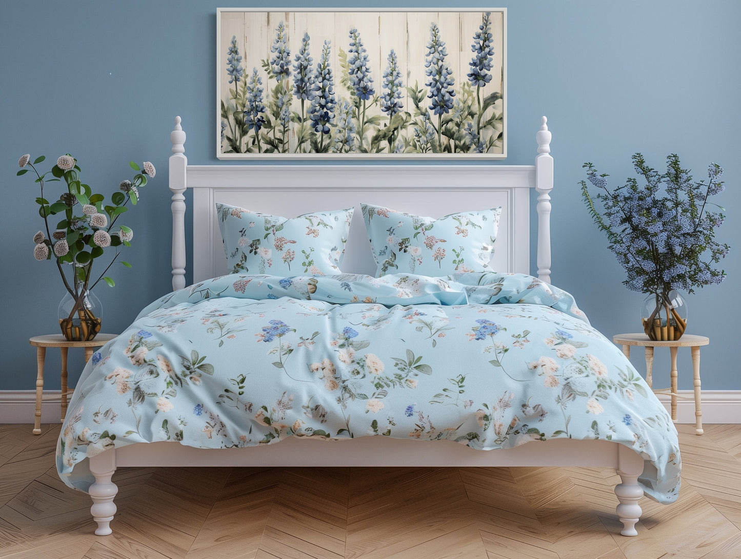 Texas Bluebonnets Painted On Wood Rustic Framed Canvas Wall Art For Above Bed Or Couch Decor