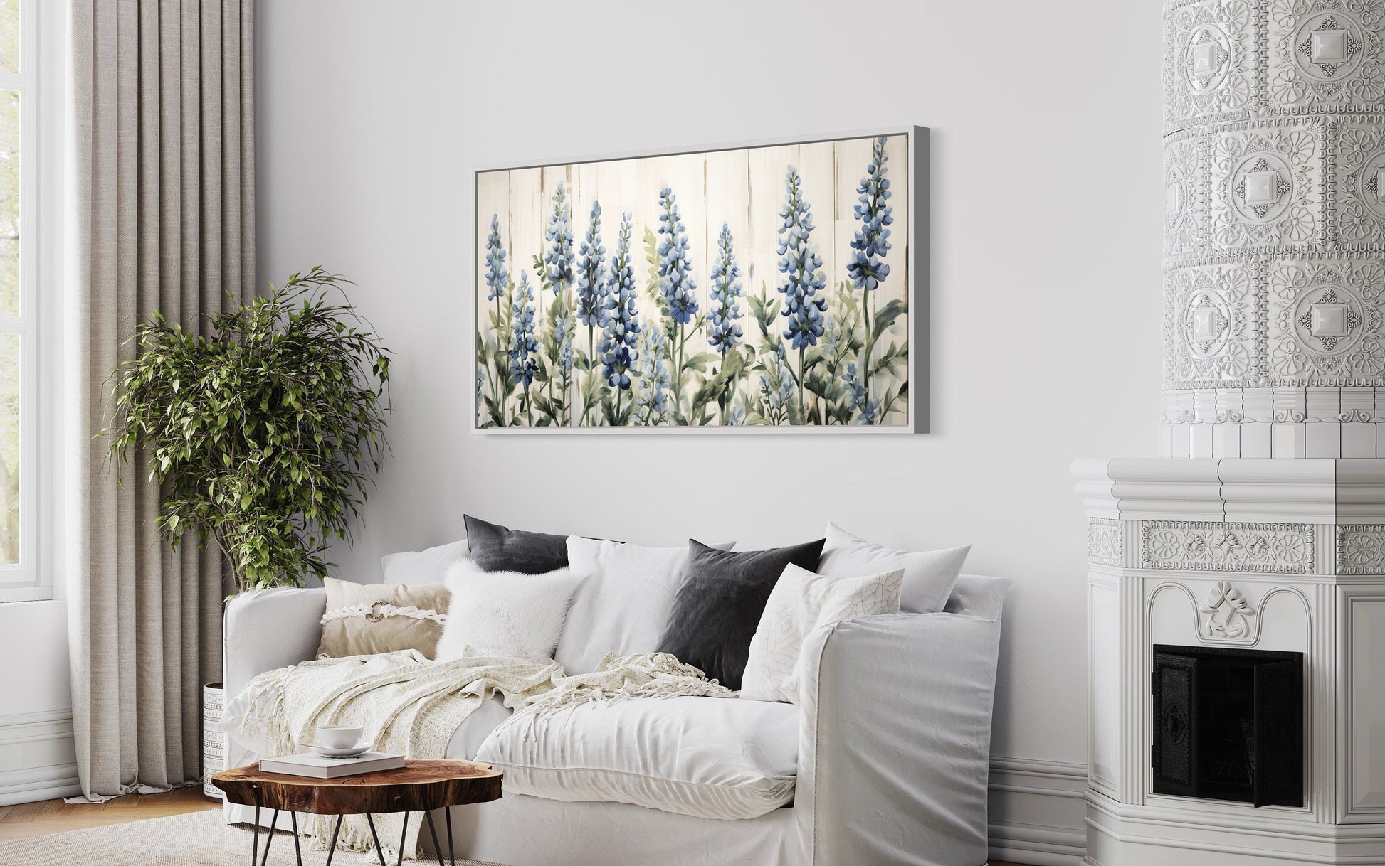 Texas Bluebonnets Painted On Wood Rustic Framed Canvas Wall Art For Above Bed Or Couch Decor