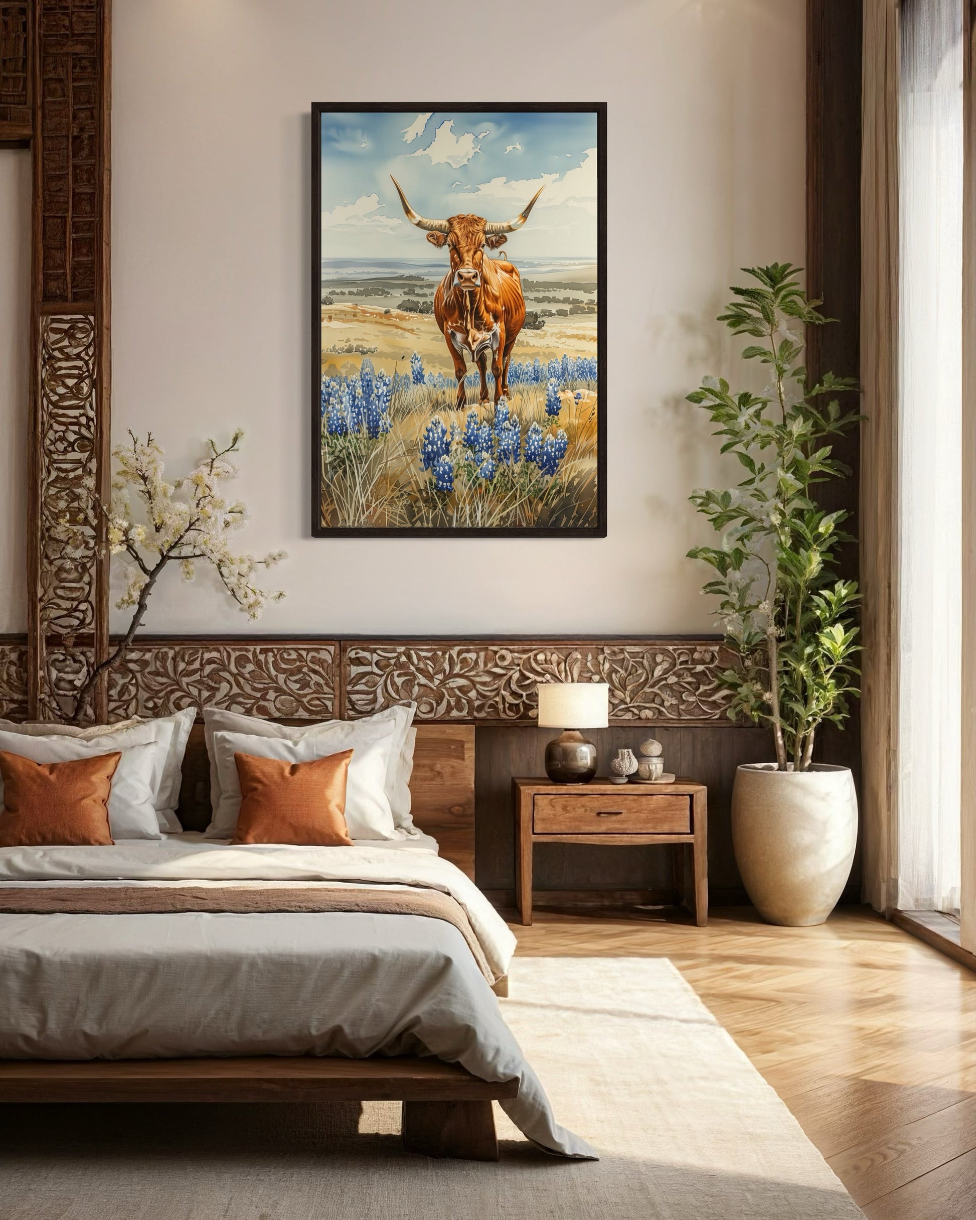 Texas Longhorn Cow In Bluebonnets Field Framed Canvas Wall Art