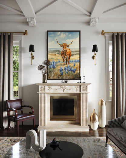 Texas Longhorn Cow In Bluebonnets Field Framed Canvas Wall Art
