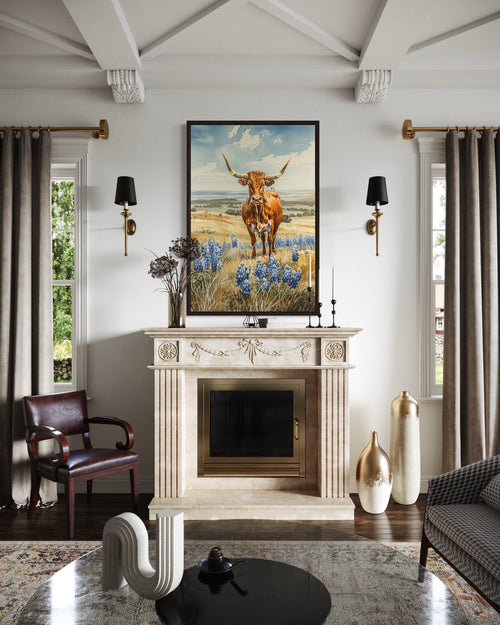 Texas Longhorn Cow In Bluebonnets Field Framed Canvas Wall Art