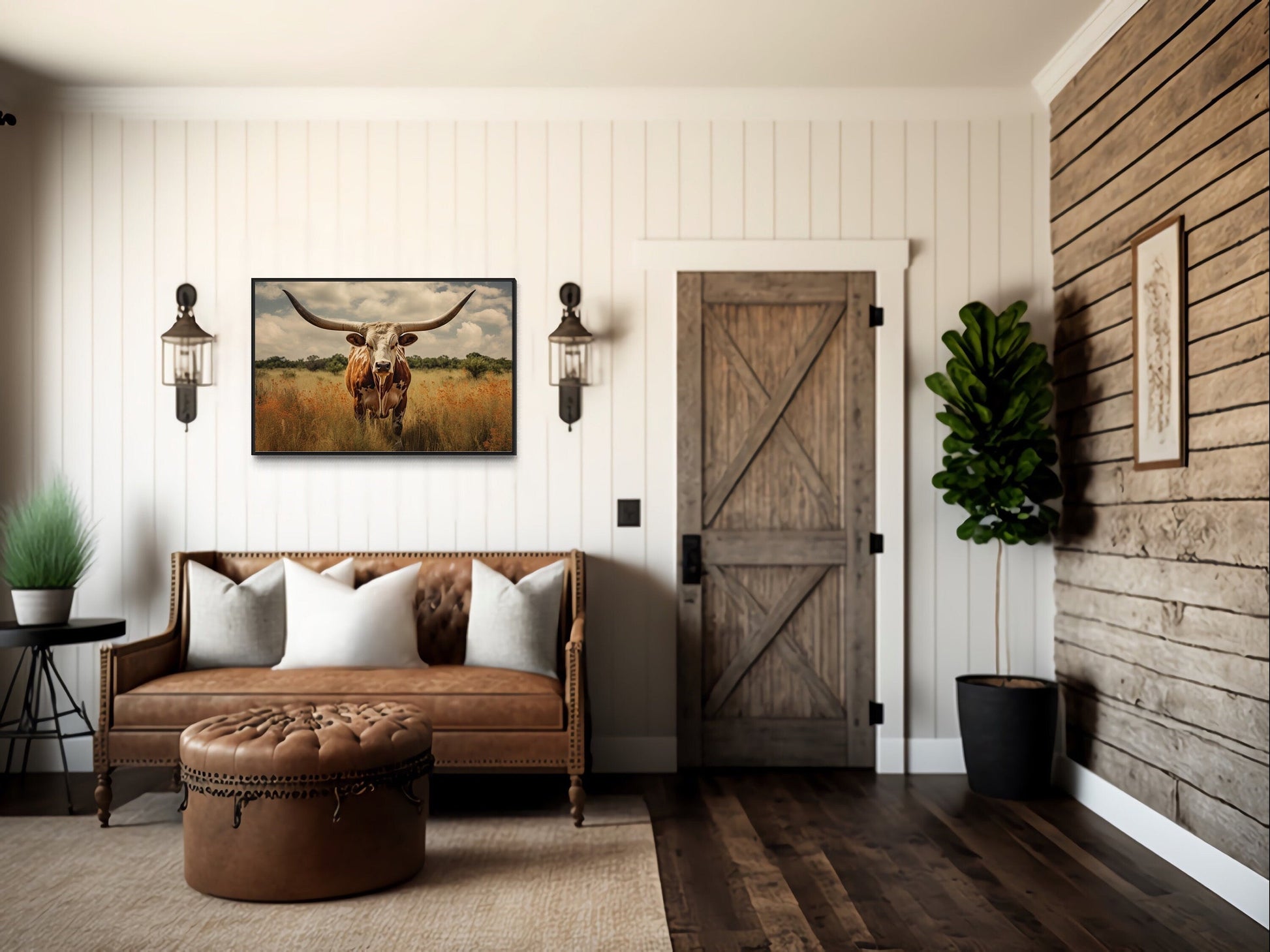 Texas Longhorn Cow In The Field Muted Colors Framed Canvas Wall Art