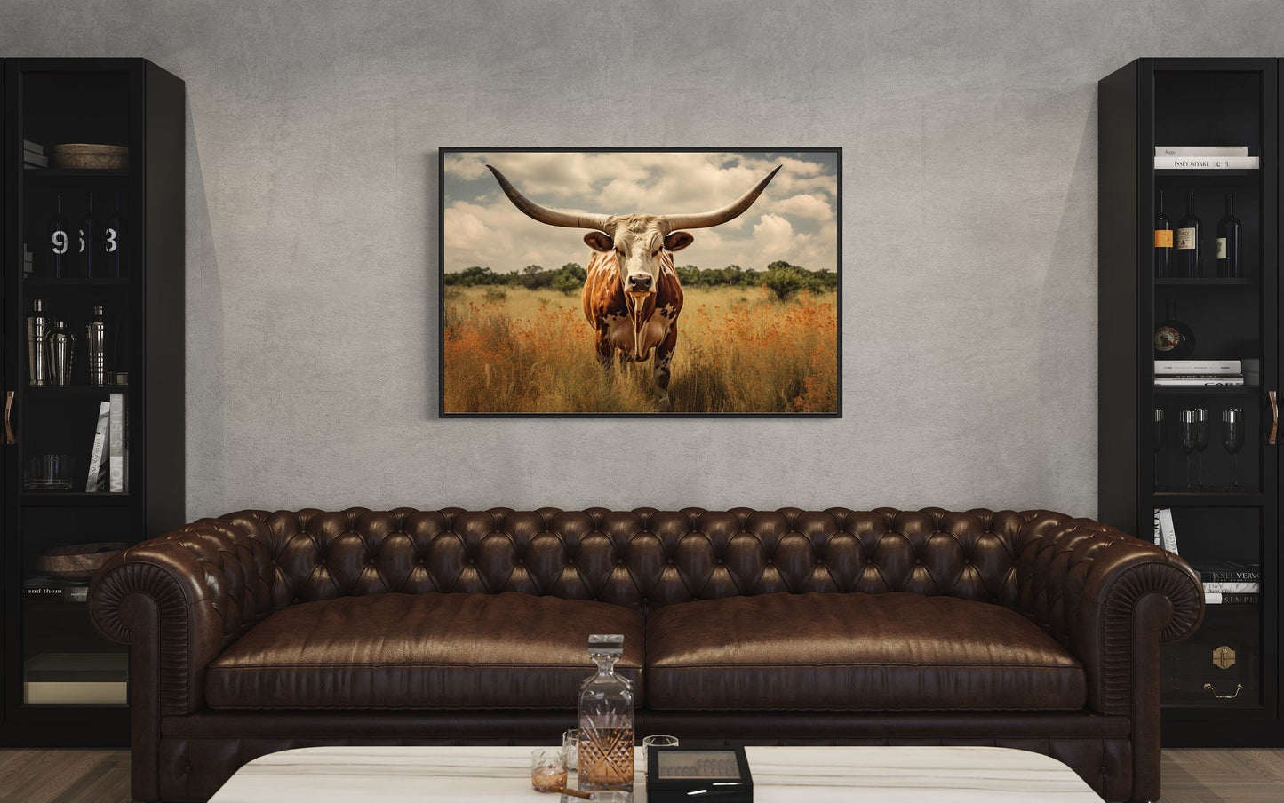 Texas Longhorn Cow In The Field Muted Colors Framed Canvas Wall Art