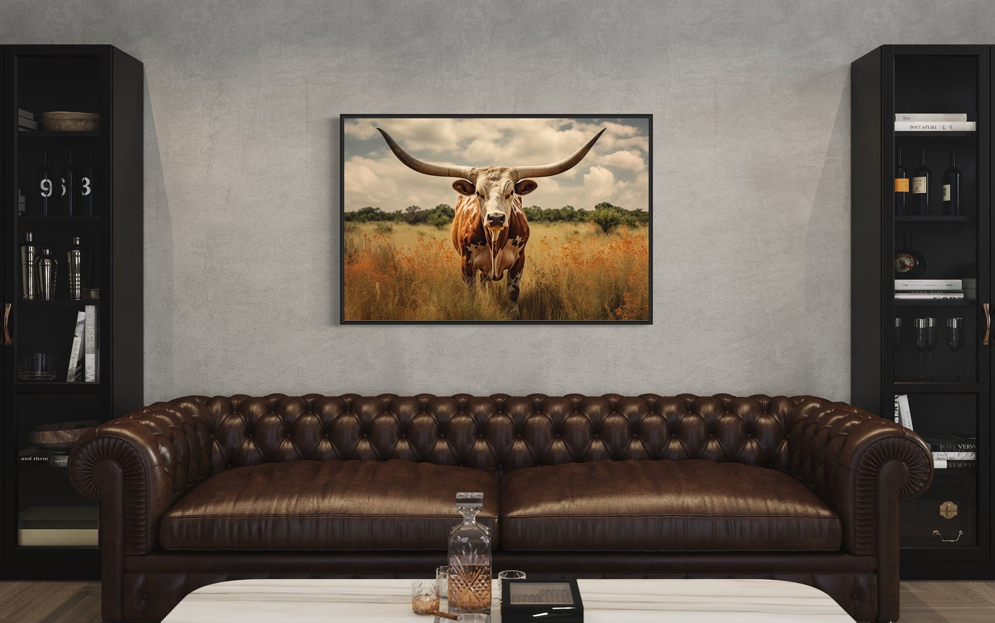 Texas Longhorn Cow In The Field Muted Colors Framed Canvas Wall Art