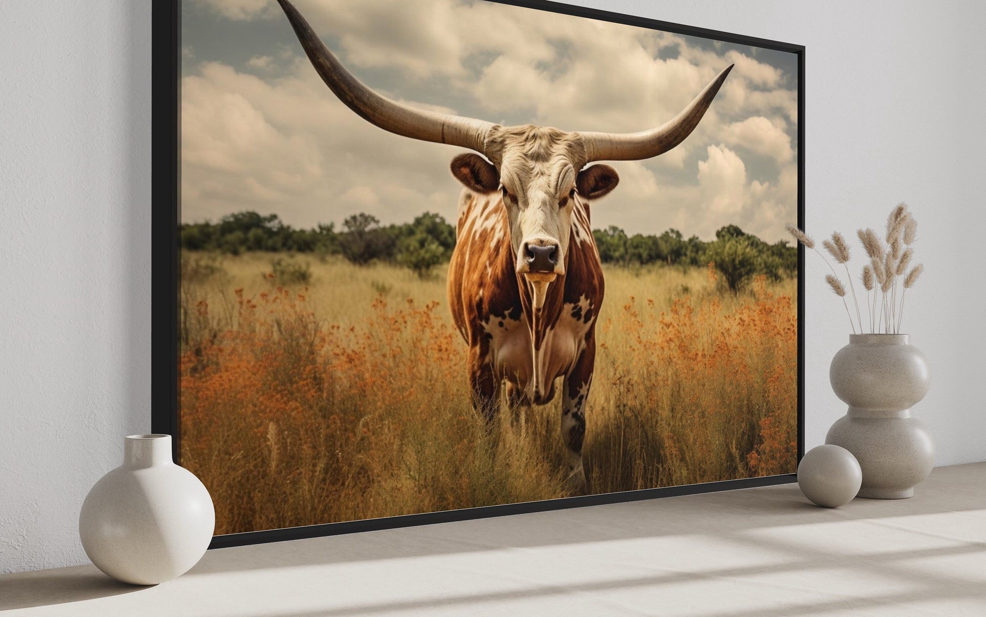 Texas Longhorn Cow In The Field Muted Colors Framed Canvas Wall Art