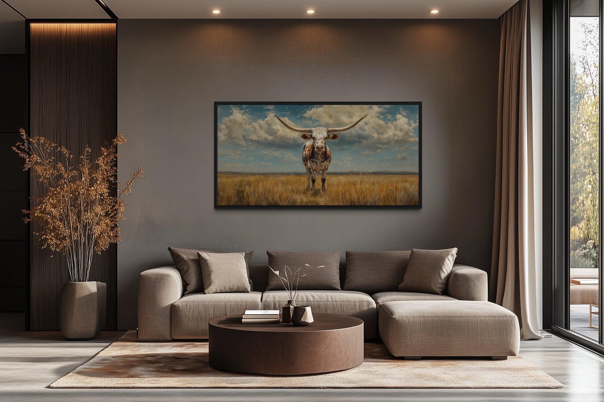 Texas Longhorn Cow In The Prairie Framed Canvas Wall Art