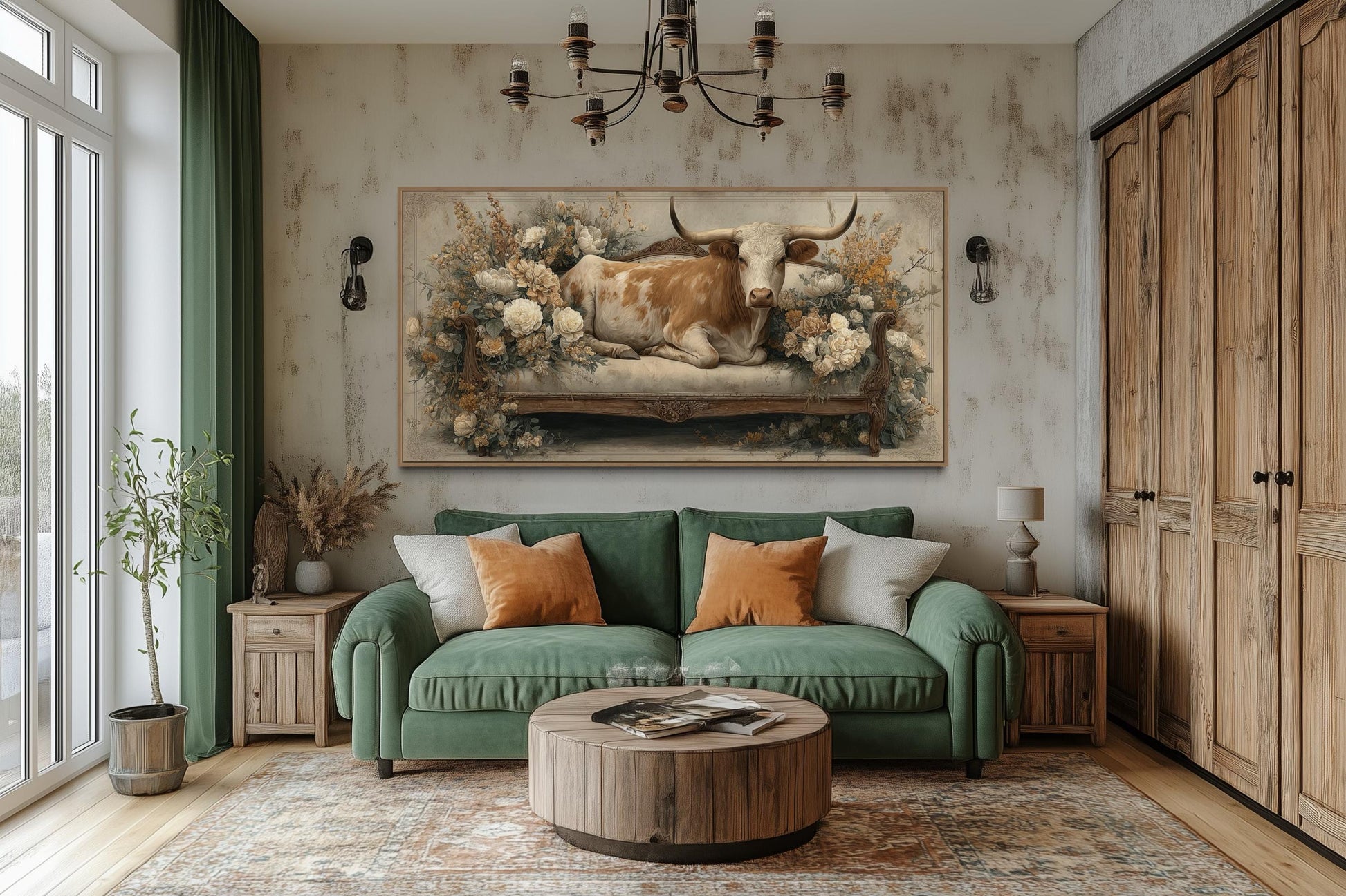Texas Longhorn Cow on Couch Floral Canvas Wall Art