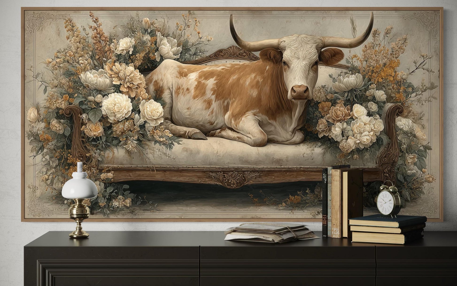 Texas Longhorn Cow on Couch Floral Canvas Wall Art