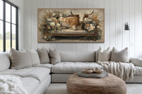 Texas Longhorn Cow on Couch Floral Canvas Wall Art