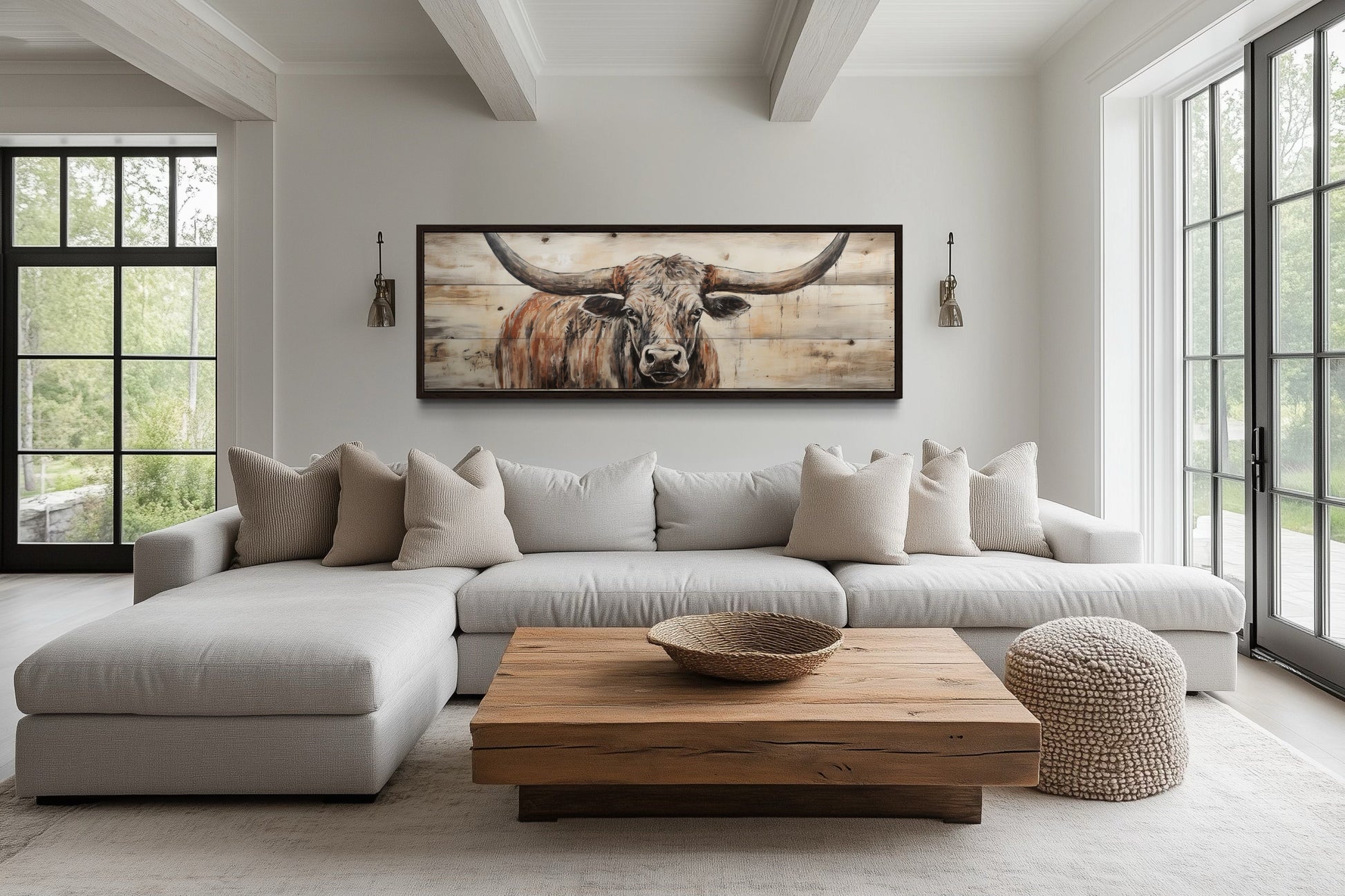 Texas Longhorn Steer Painted On Wood Long Horizontal Framed Canvas Wall Art