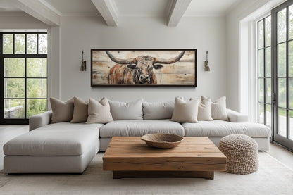 Texas Longhorn Steer Painted On Wood Long Horizontal Framed Canvas Wall Art