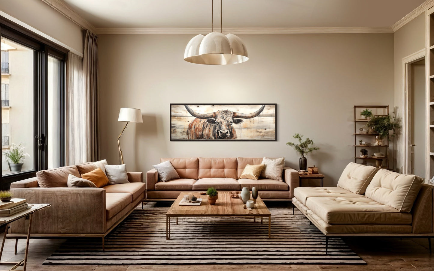 Texas Longhorn Steer Painted On Wood Long Horizontal Framed Canvas Wall Art
