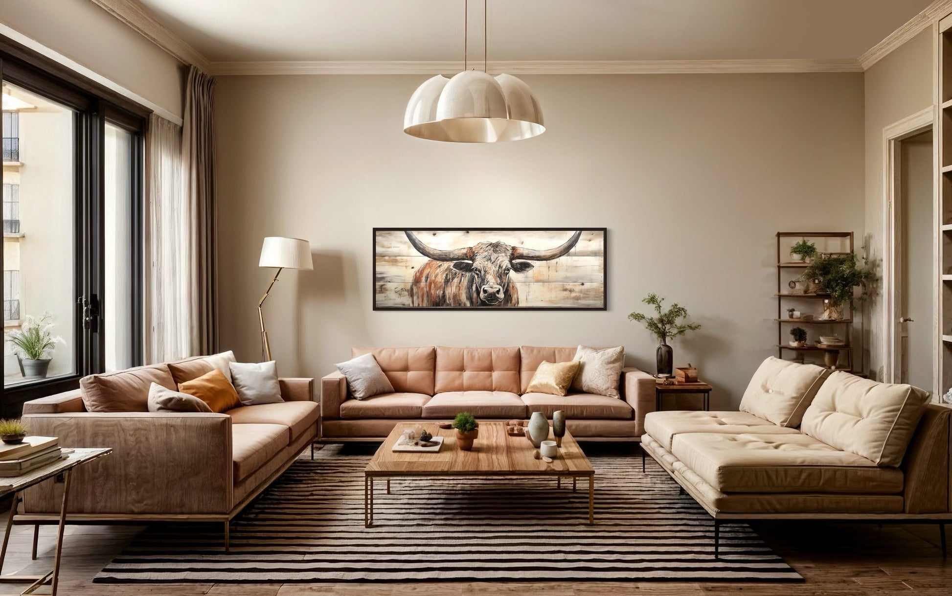 Texas Longhorn Steer Painted On Wood Long Horizontal Framed Canvas Wall Art