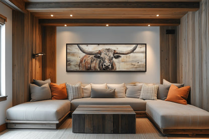 Texas Longhorn Steer Painted On Wood Long Horizontal Framed Canvas Wall Art