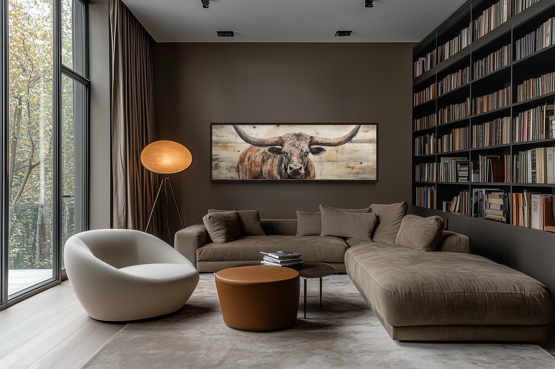 Texas Longhorn Steer Painted On Wood Long Horizontal Framed Canvas Wall Art