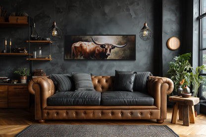 Texas Longhorn Steer Panoramic Framed Canvas Wall Art