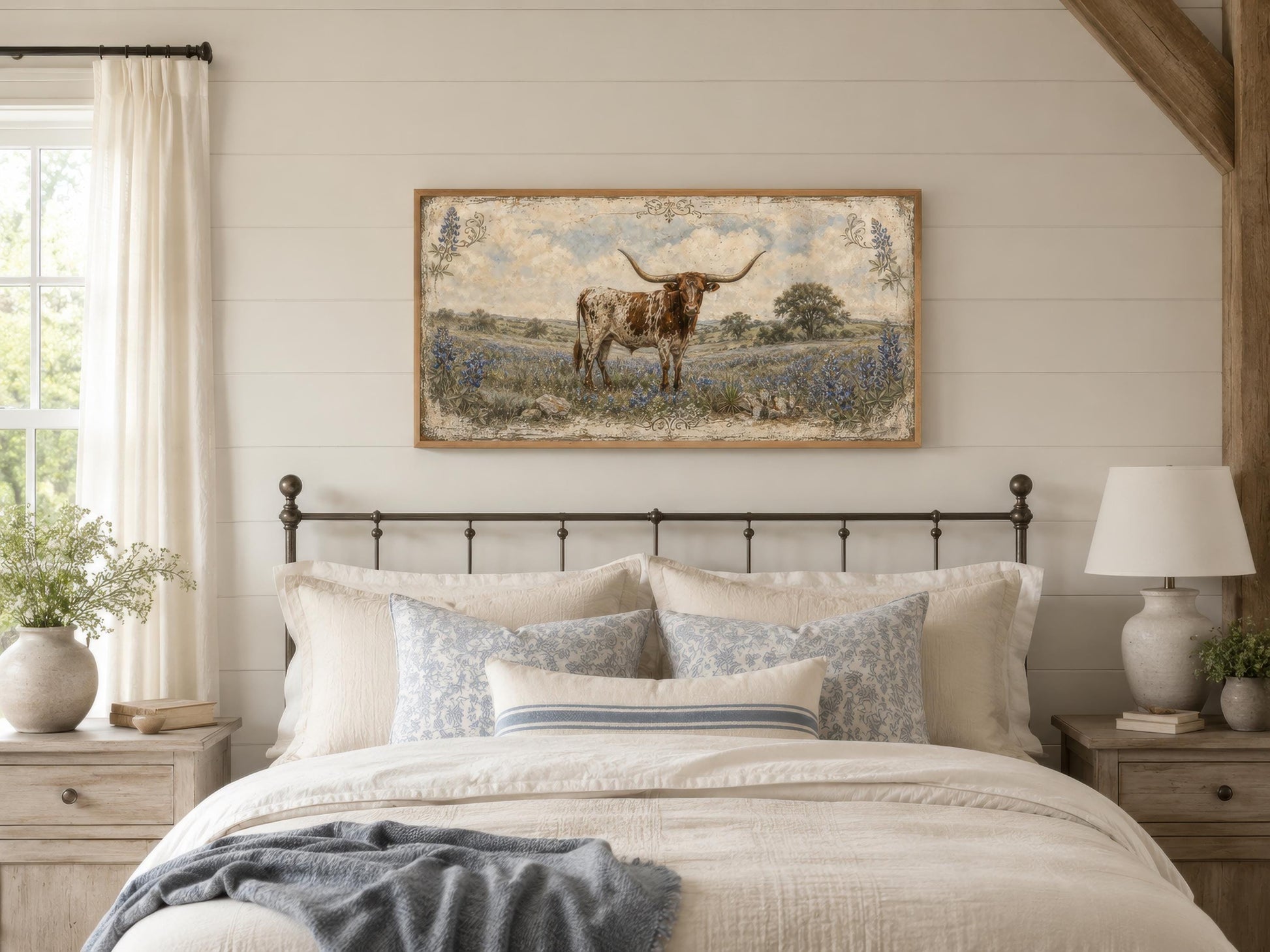 Texas Longhorn Wall Art | Farmhouse Canvas Print Featuring Bluebonnet Rustic Decor