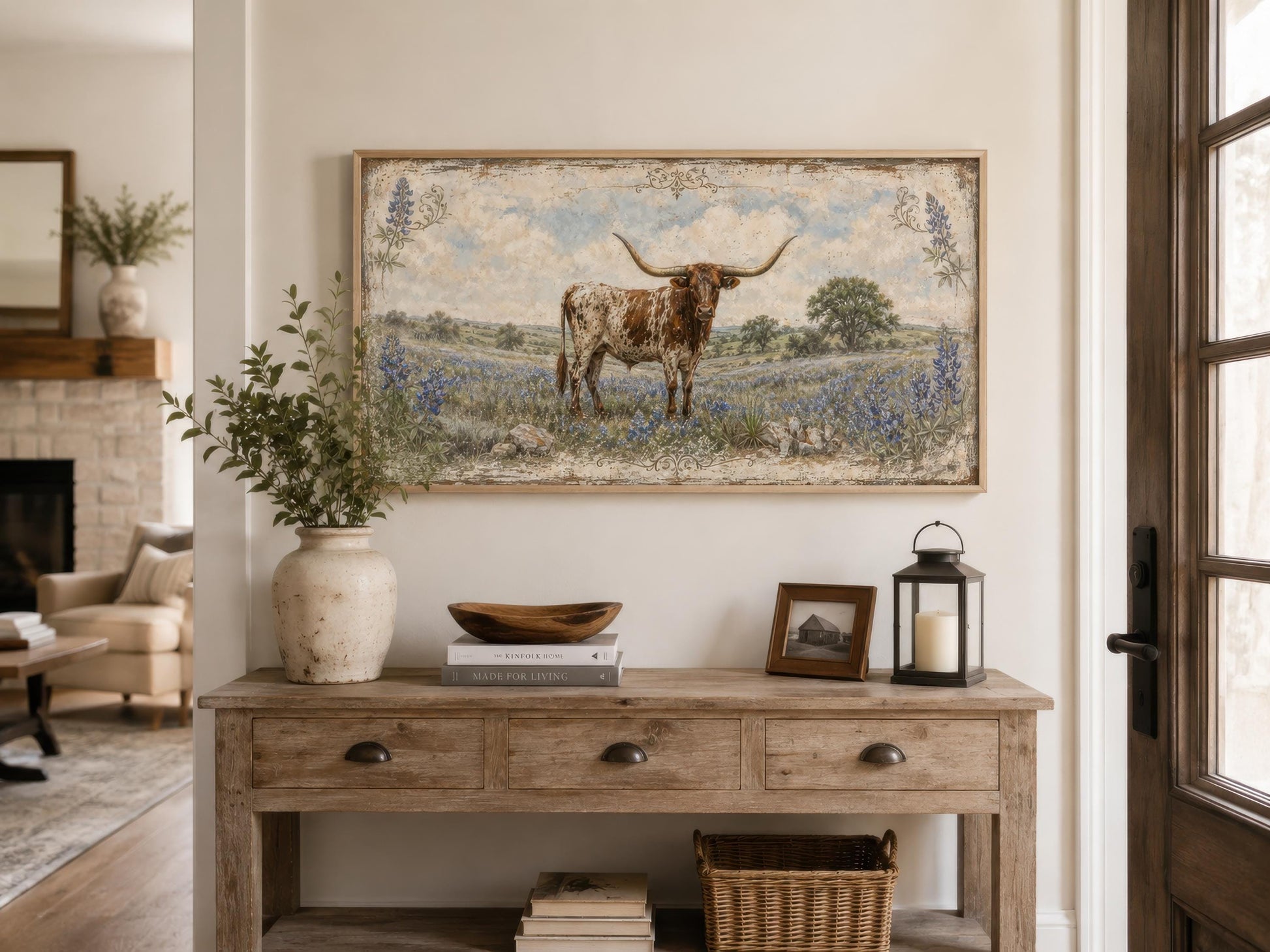 Texas Longhorn Wall Art | Farmhouse Canvas Print Featuring Bluebonnet Rustic Decor