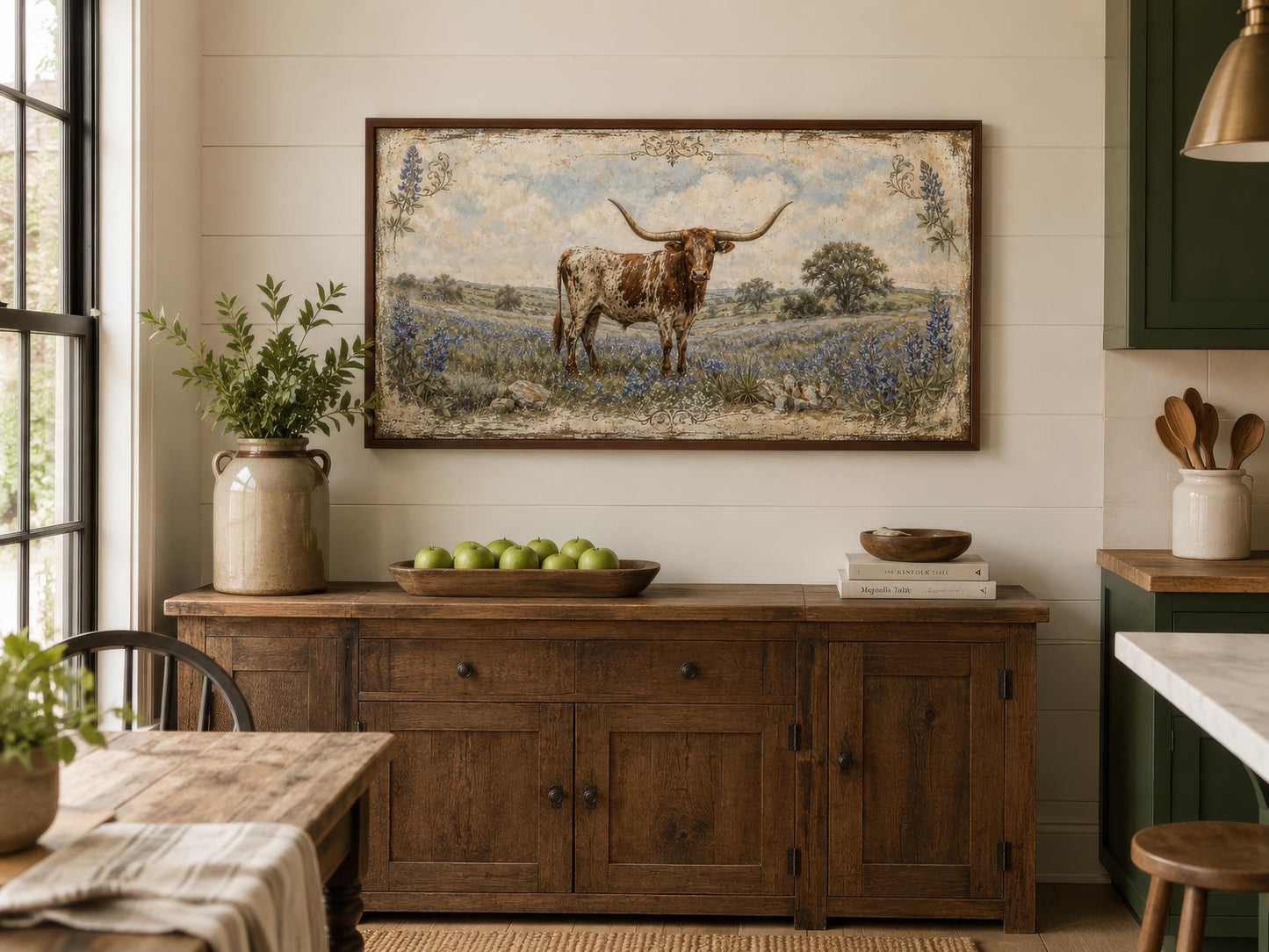 Texas Longhorn Wall Art | Farmhouse Canvas Print Featuring Bluebonnet Rustic Decor