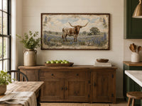 Texas Longhorn Wall Art | Farmhouse Canvas Print Featuring Bluebonnet Rustic Decor