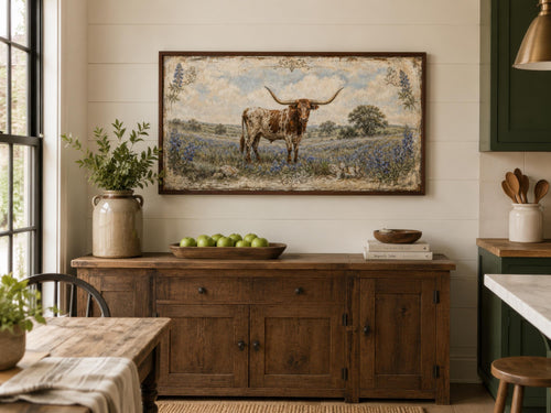 Texas Longhorn Wall Art | Farmhouse Canvas Print Featuring Bluebonnet Rustic Decor
