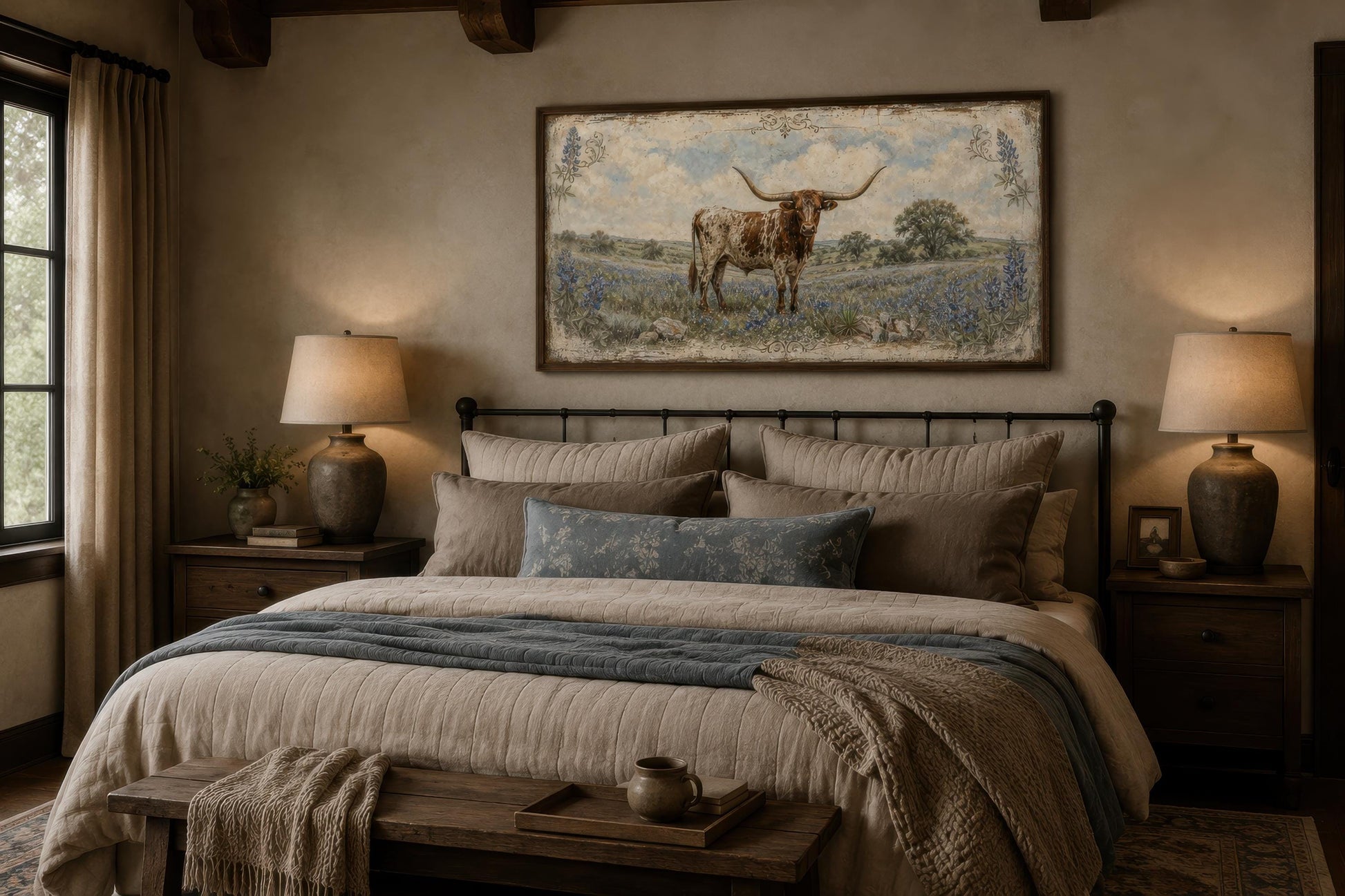 Texas Longhorn Wall Art | Farmhouse Canvas Print Featuring Bluebonnet Rustic Decor