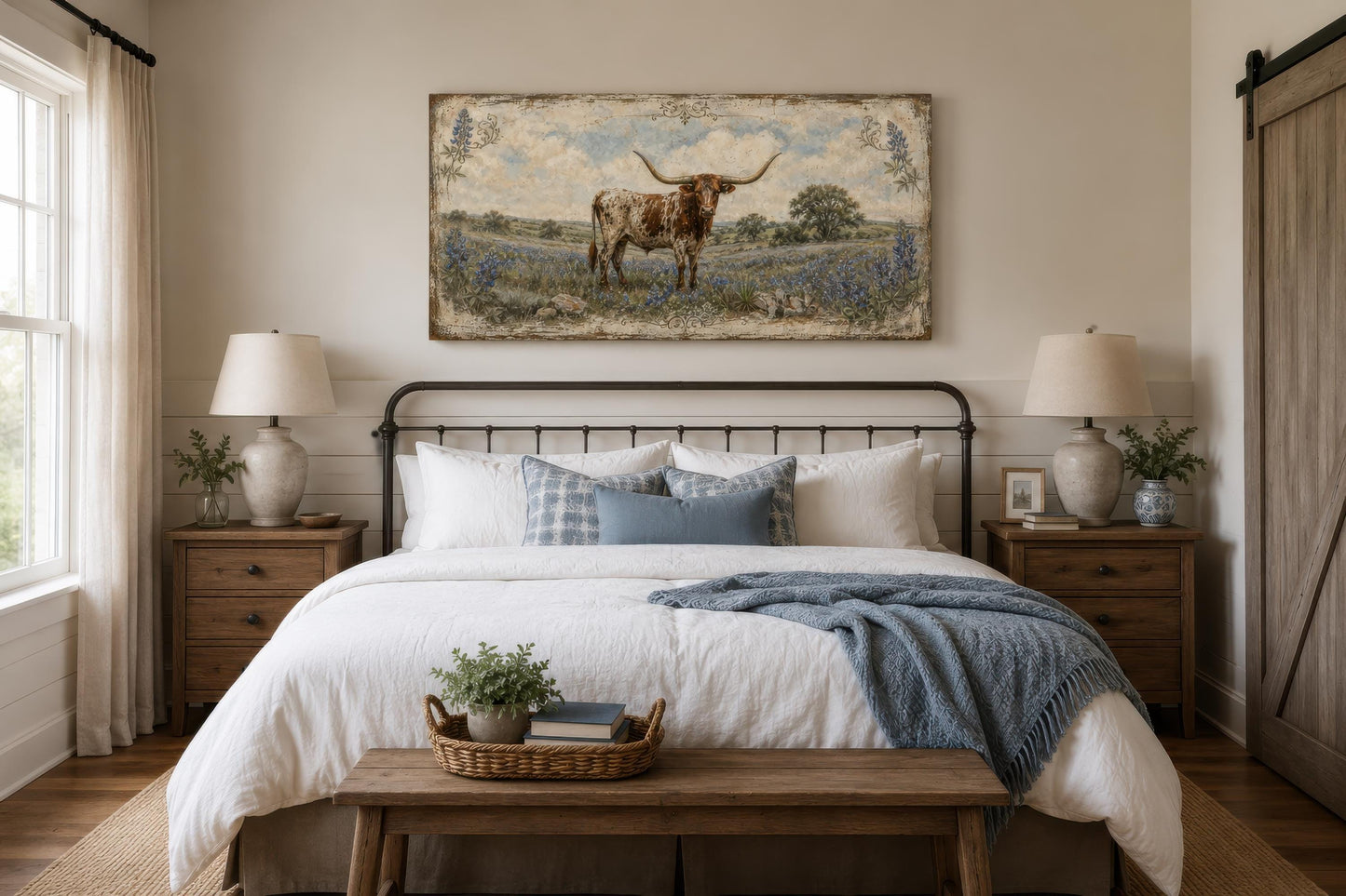 Texas Longhorn Wall Art | Farmhouse Canvas Print Featuring Bluebonnet Rustic Decor