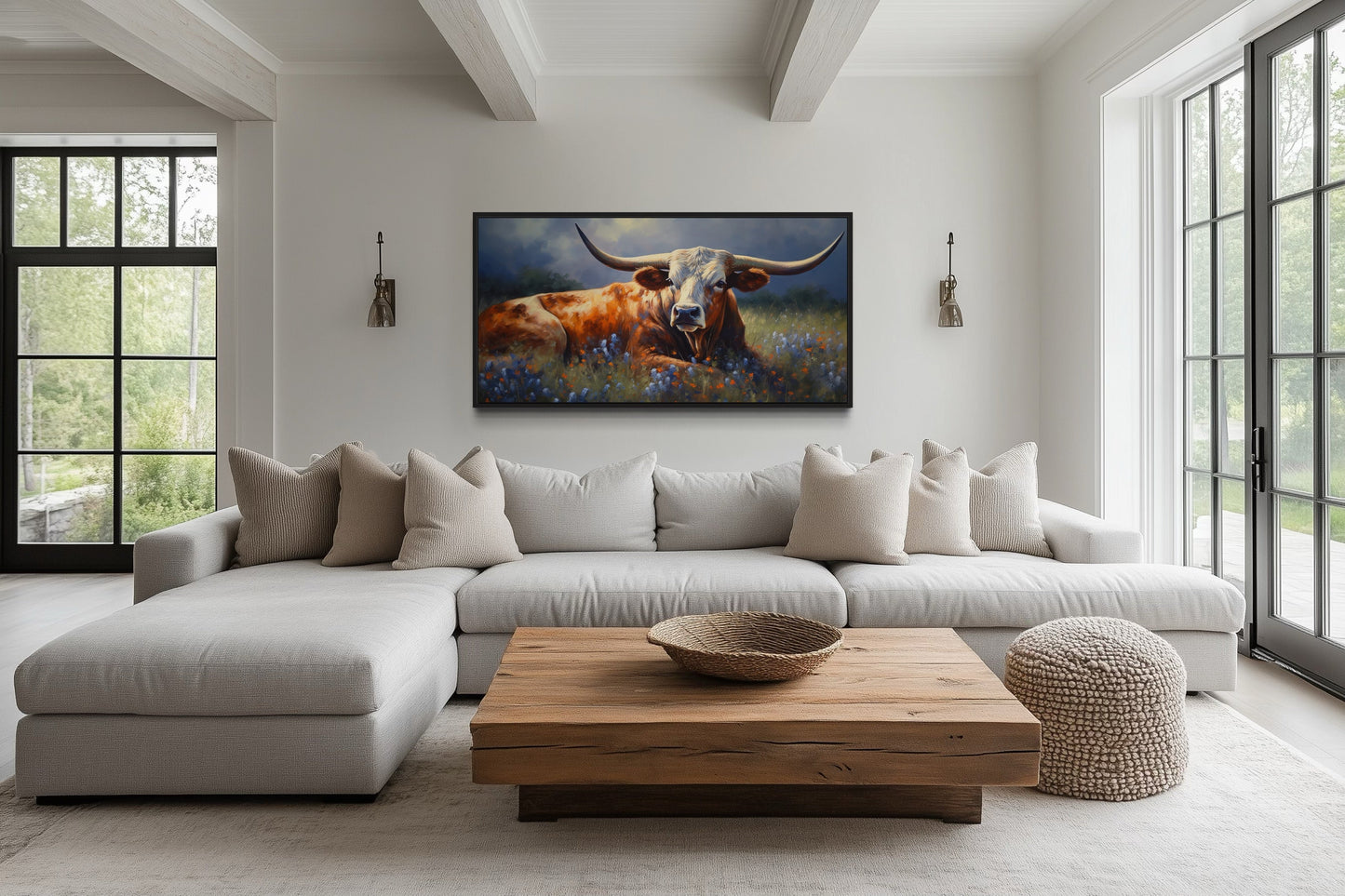 Texas Longhorn Cow In Bluebonnet Field Canvas Print for Rustic Farmhouse Decor