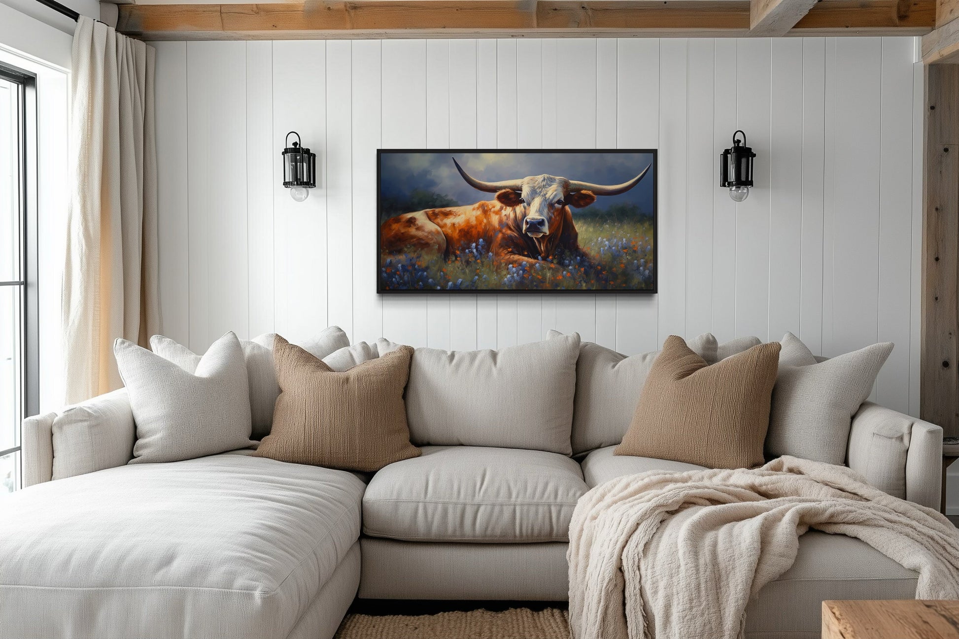Texas Longhorn Cow In Bluebonnet Field Canvas Print for Rustic Farmhouse Decor