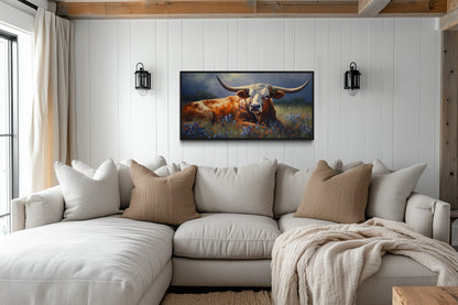 Texas Longhorn Cow In Bluebonnet Field Canvas Print for Rustic Farmhouse Decor