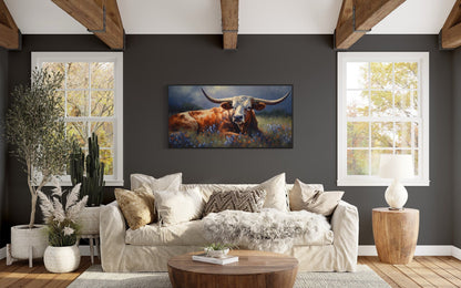 Texas Longhorn Cow In Bluebonnet Field Canvas Print for Rustic Farmhouse Decor