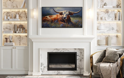Texas Longhorn Cow In Bluebonnet Field Canvas Print for Rustic Farmhouse Decor