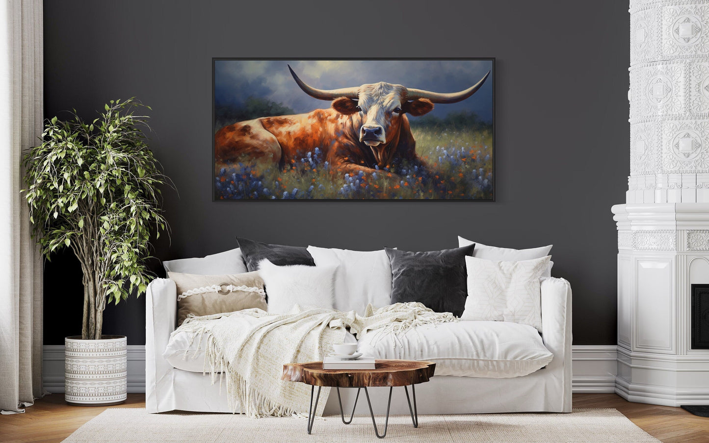 Texas Longhorn Cow In Bluebonnet Field Canvas Print for Rustic Farmhouse Decor