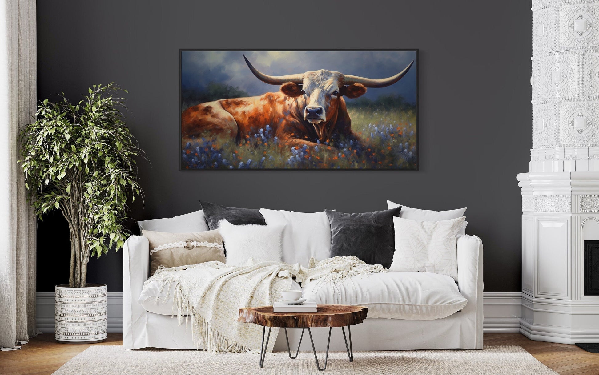 Texas Longhorn Cow In Bluebonnet Field Canvas Print for Rustic Farmhouse Decor