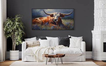 Texas Longhorn Cow In Bluebonnet Field Canvas Print for Rustic Farmhouse Decor