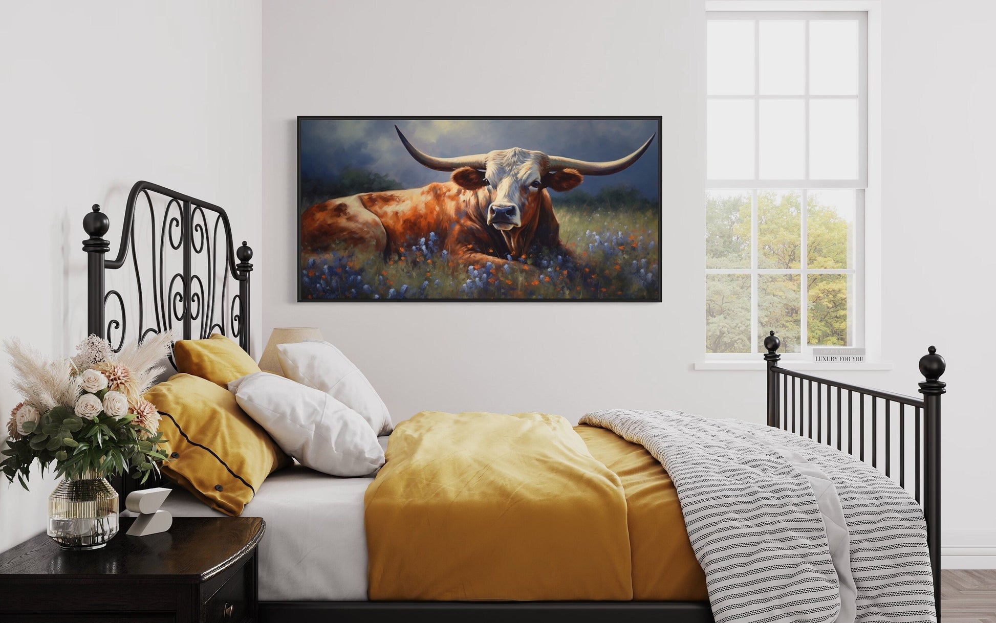 Texas Longhorn Cow In Bluebonnet Field Canvas Print for Rustic Farmhouse Decor