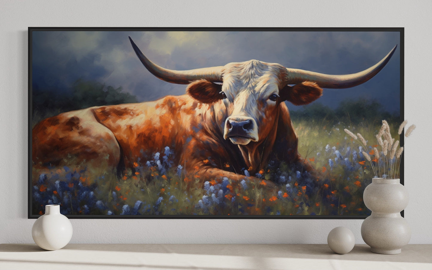 Texas Longhorn Cow In Bluebonnet Field Canvas Print for Rustic Farmhouse Decor