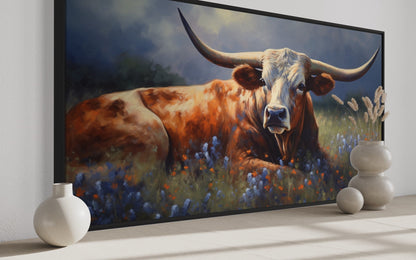 Texas Longhorn Cow In Bluebonnet Field Canvas Print for Rustic Farmhouse Decor