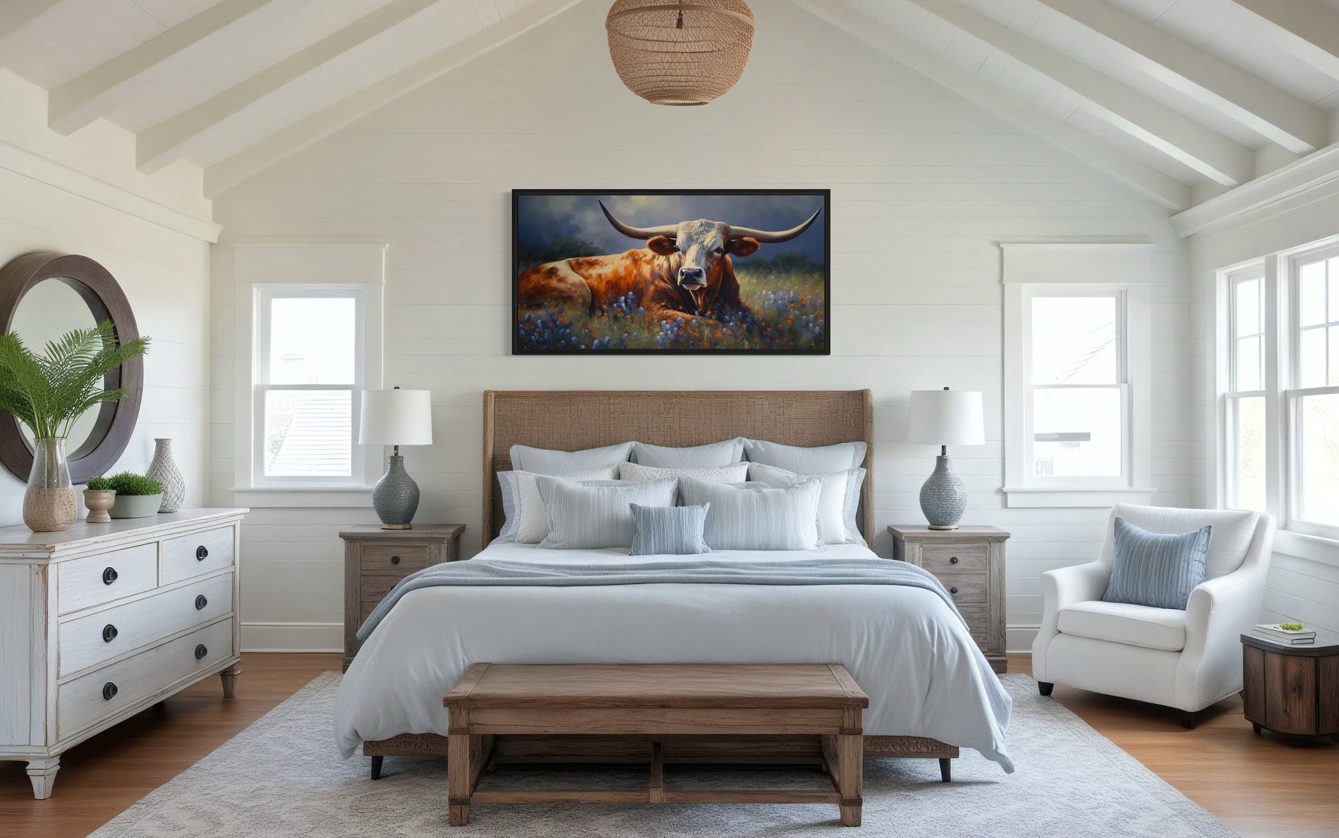 Texas Longhorn Cow In Bluebonnet Field Canvas Print for Rustic Farmhouse Decor